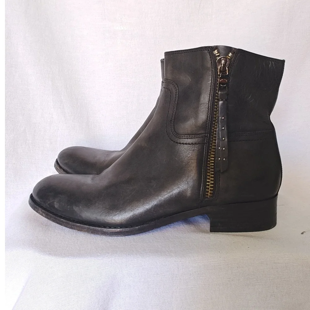 Coach Ankle Boots Womens‎ Black Leather Side Zip Low Block Heel Sample